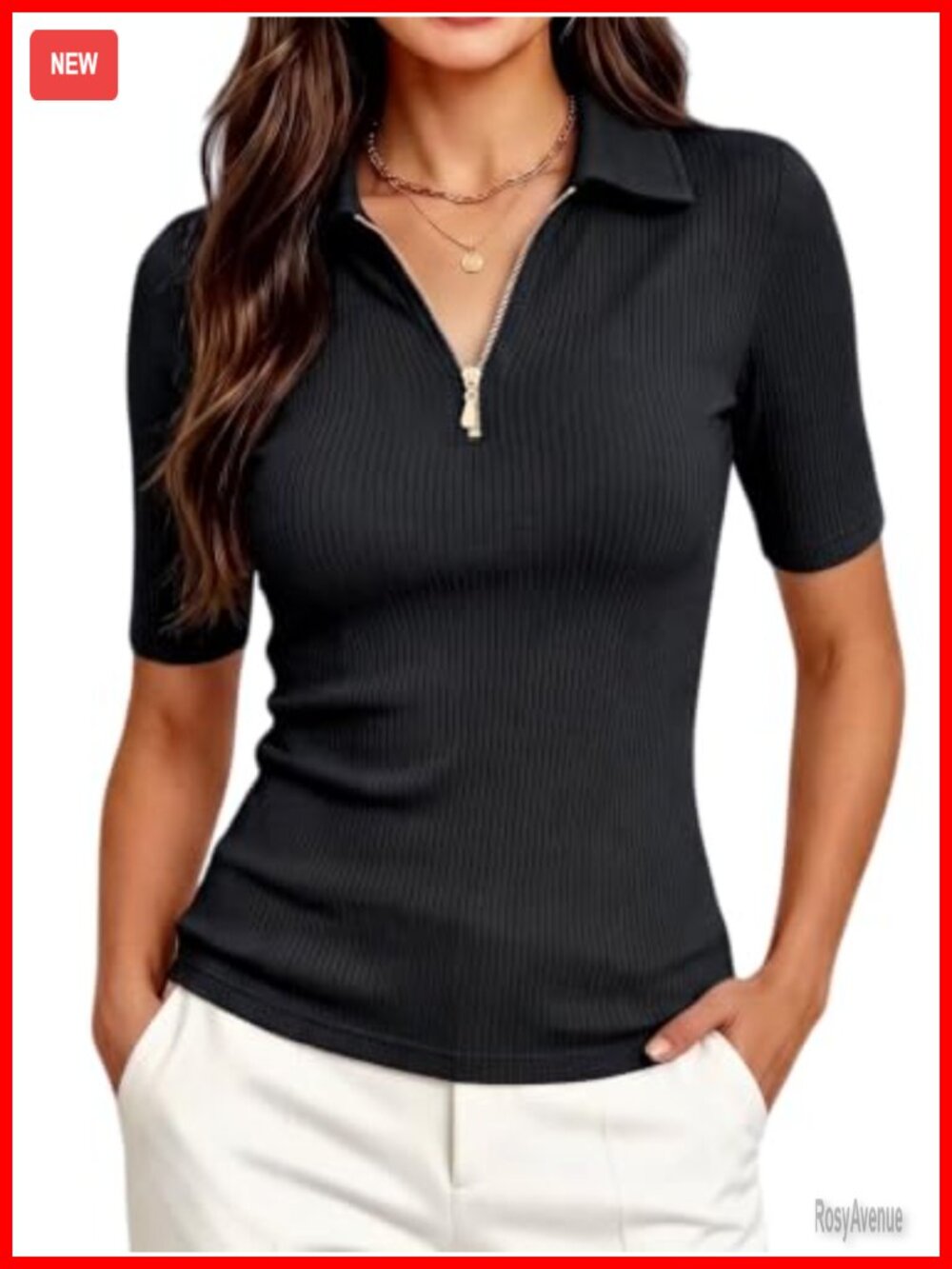 Women's Half Sleeve Ribbed Knit Work Blouse Half Zip Slim Fit Business Top
